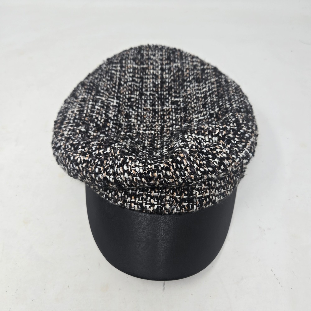 Vince Camuto Black White Tweed Newsboy Cap Faux Leather Brim Baker Boy Hat O/S